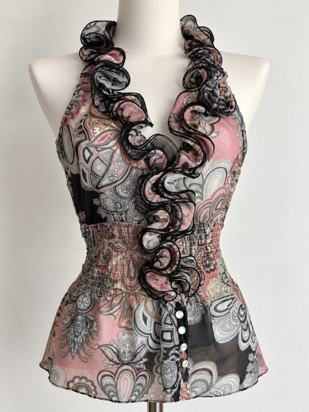 Y2K Sheer Ruffle Halter Top Paisley Print Boho Festival 90s VTG XS Dark Romantic